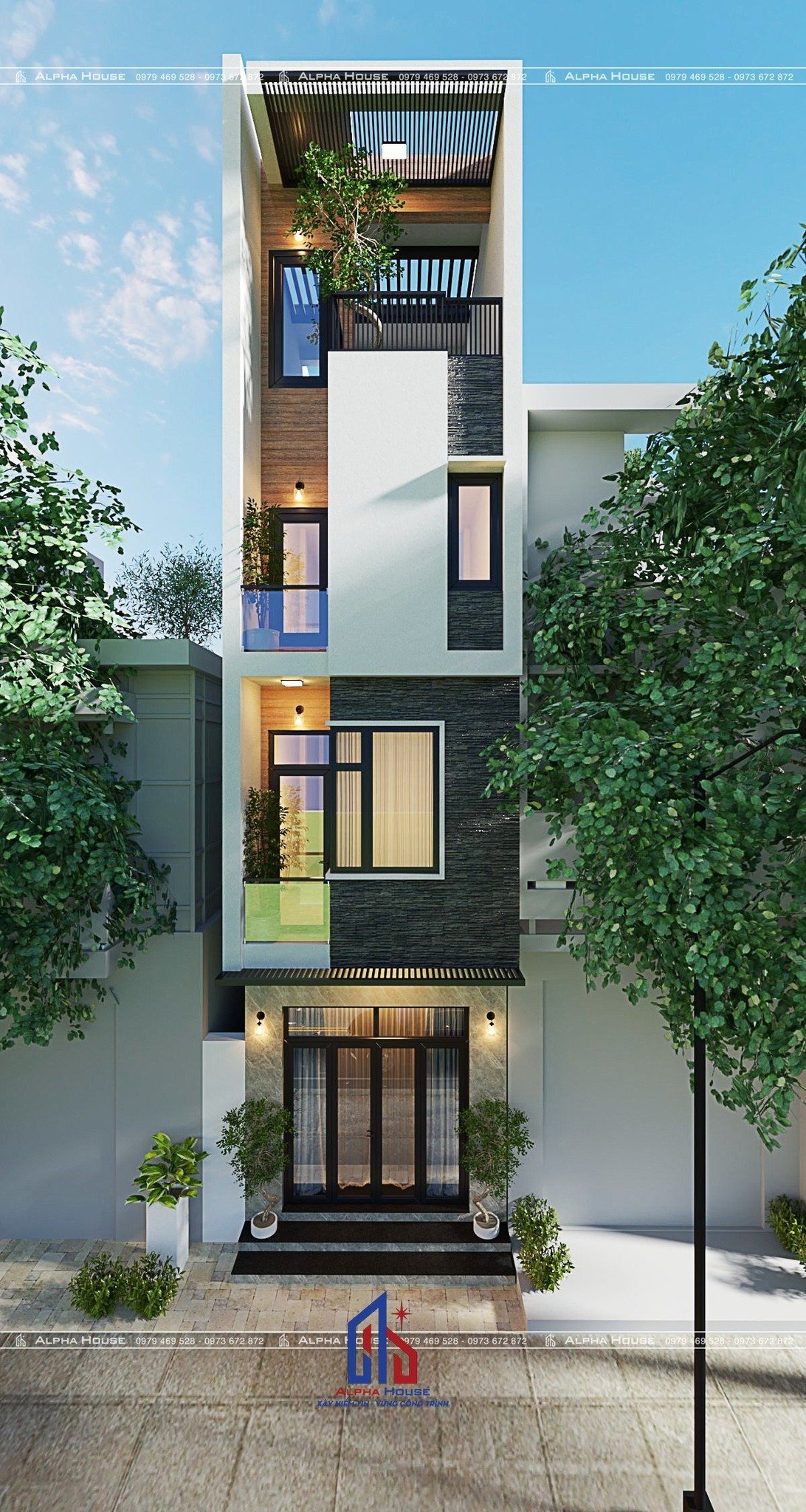 THIẾT KẾ NHÀ PHỐ HIỆN ĐẠI - 3 TẦNG 1 TUM - ANH PHÁP