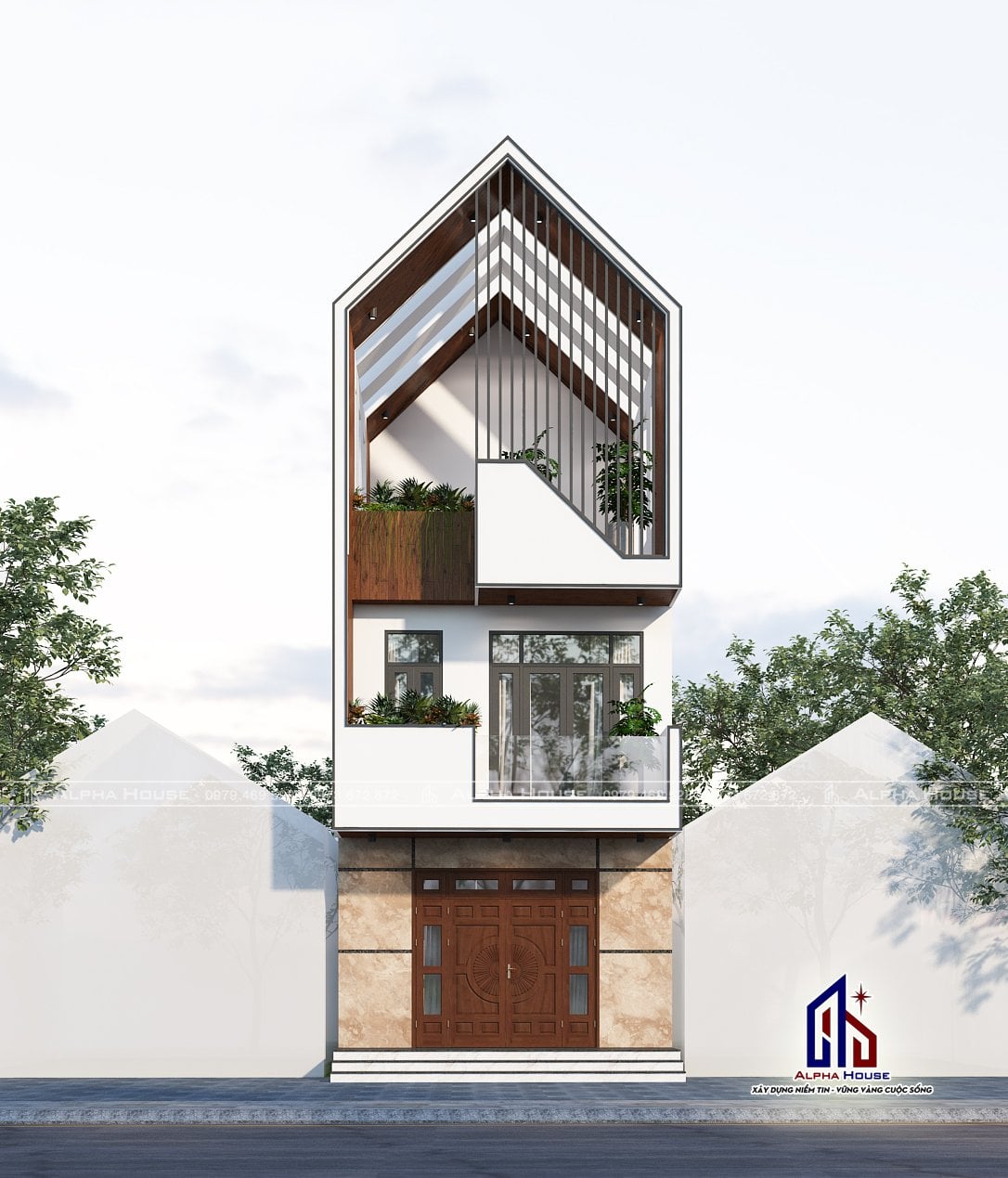 MẪU NHÀ PHỐ HIỆN ĐẠI 2 TẦNG 1 TUM VỚI THIẾT KẾ MÁI CHÉO TẠO NÊN SỰ ẤN TƯỢNG