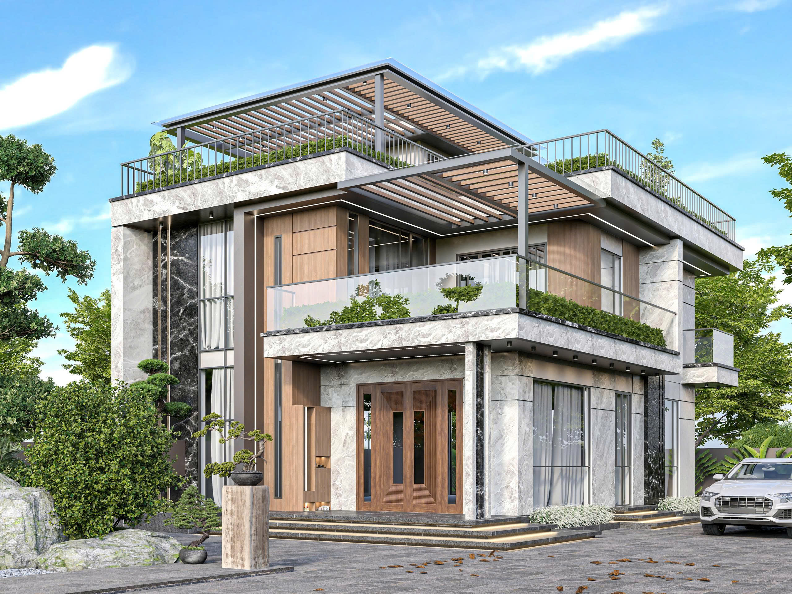 MẪU 3D PHONG CÁCH NHÀ BIỆT THỰ VƯỜN HIỆN ĐẠI NHIỀU ĐIỂM NHẤN DIỆN TÍCH 9,7m x 14,4m